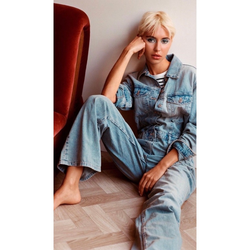 Zara TRF Straight Cut Denim Jumpsuit Light Wash Long Sleeve XL